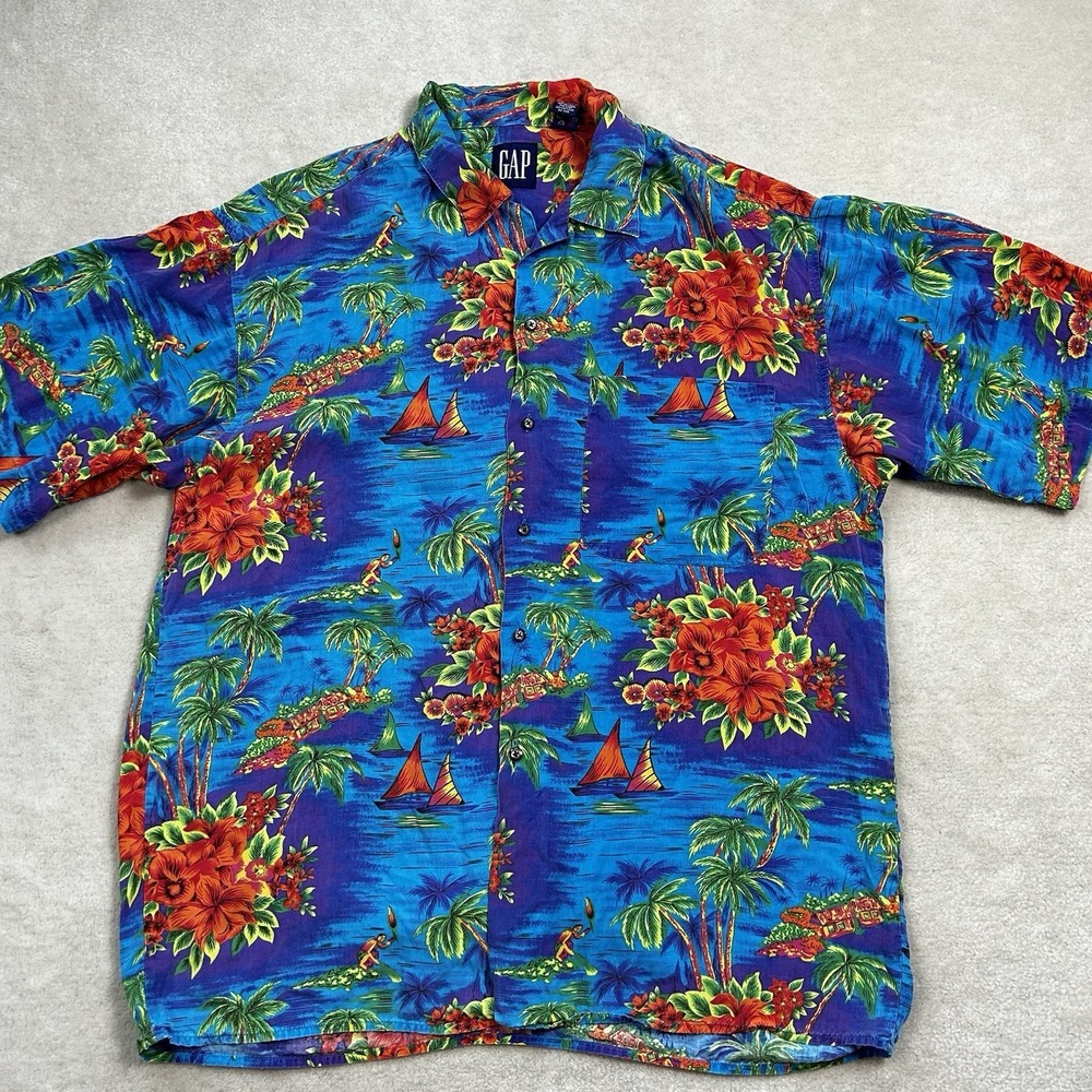 Vintage 90s GAP Hawaiian Shirt Mens Large Short Sleeve Camp Loop Collar